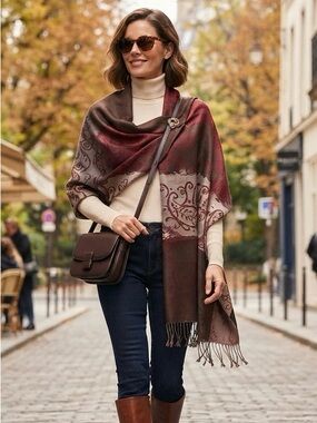Chic Paisley Shawl Wrap in Red, Burgundy and Brown